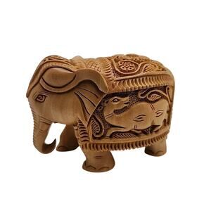Wooden Hindu Inspired Elephant Figurine Ornate Detail 3” Tall Art Deco India